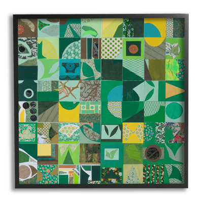 Collage géométrique vert encadré sur bois par Pamela Fingado