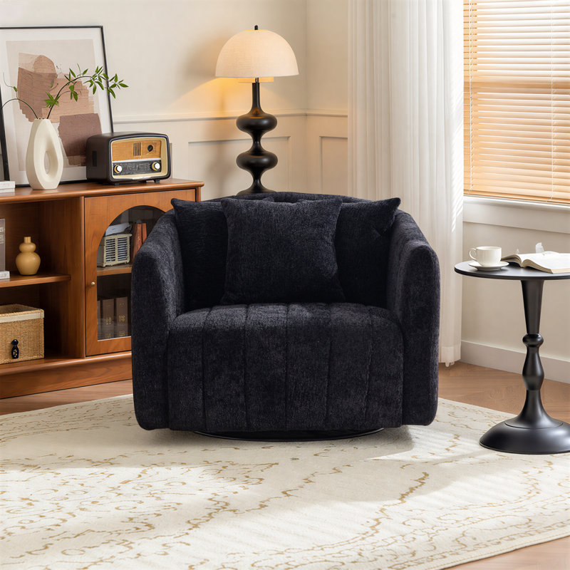 Upholstered Swivel Barrel Armchair, Black Chenille