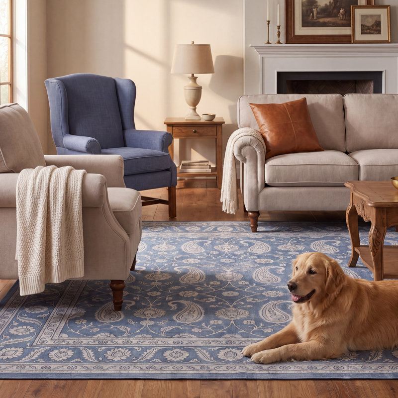 Tapis Delacroix traditionnel à motif floral intégral bleu, gris et crème, lavable à la machine, antidérapant, à poils courts, pour l'intérieur et l'extérieur, adapté aux animaux domestiques, idéal pour le salon, la chambre, la salle à manger, l'entrée, le corridor ou le bureau.