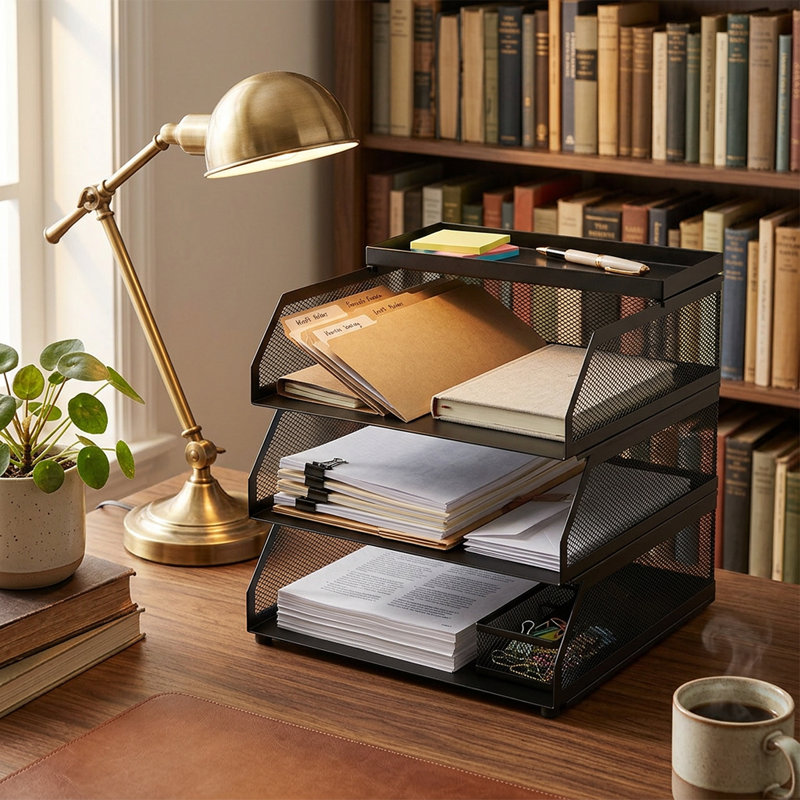 Organisateur de papier à 3 niveaux, organisateur de bureau en maille métallique empilable avec plateaux à lettres, porte-documents pour la maison, le bureau, l'école, noir