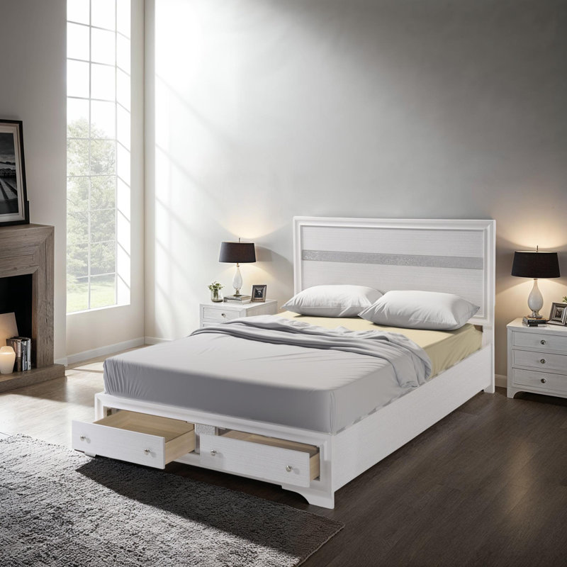 Structure de lit de rangement à profil bas avec 2 tiroirs - aucun sommier nécessaire, blanc, bois synthétique