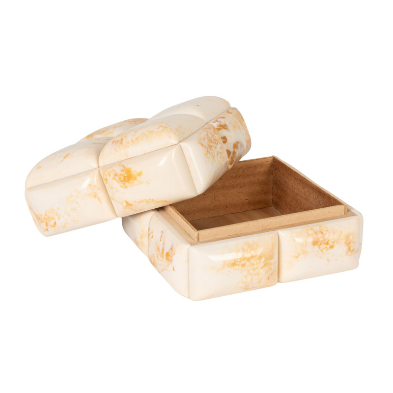 Boîte de rangement décorative cloutée en marbre marbré avec couvercle, 7"L x 7"W x 4"H, Ivoire ivoire