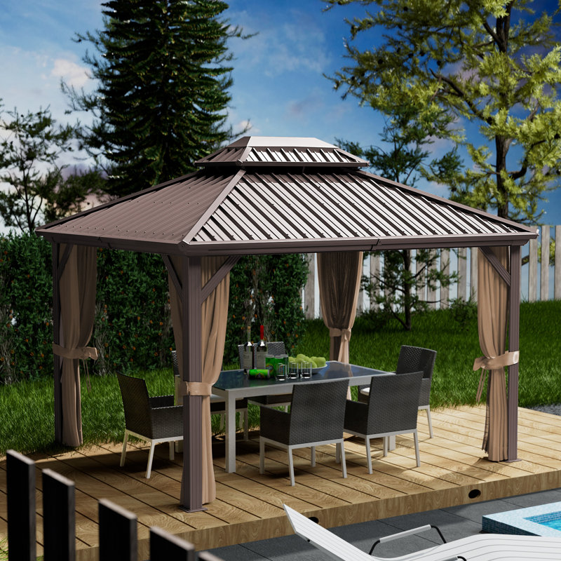 Caesar 10ft x 12ft Dark Brown Aluminum Hardtop Gazebo with Curtains