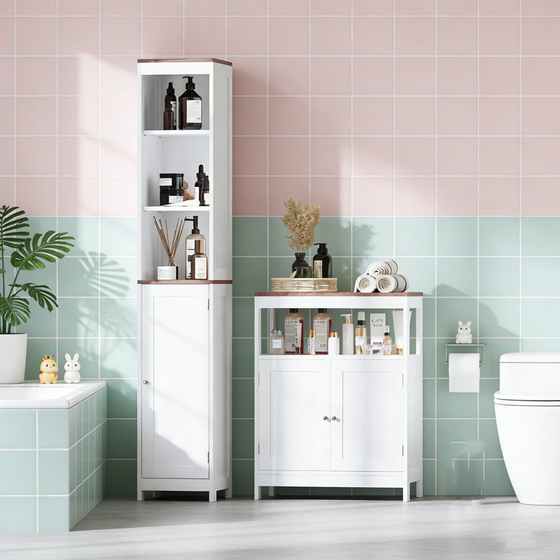 Ensemble de 2 armoires de rangement autoportantes pour salle de bain - Armoire de plancher haute en lin et double porte avec tablettes réglables, blanc avec plateau en bois de noyer
