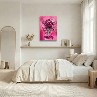 Art mural sur toile, fond de graffiti, pivoines roses en argent