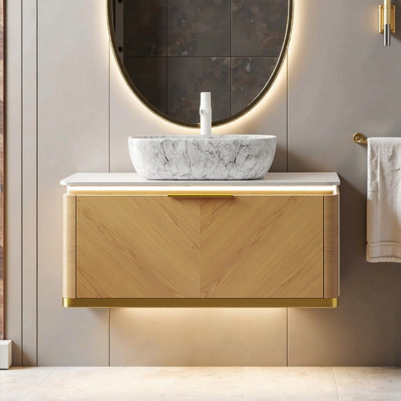 Meuble-lavabo flottant moderne 36 po avec lavabo et éclairage à DEL automatique - comptoir en pierre frittée, tiroir à fermeture en douceur, conception prête pour le spa