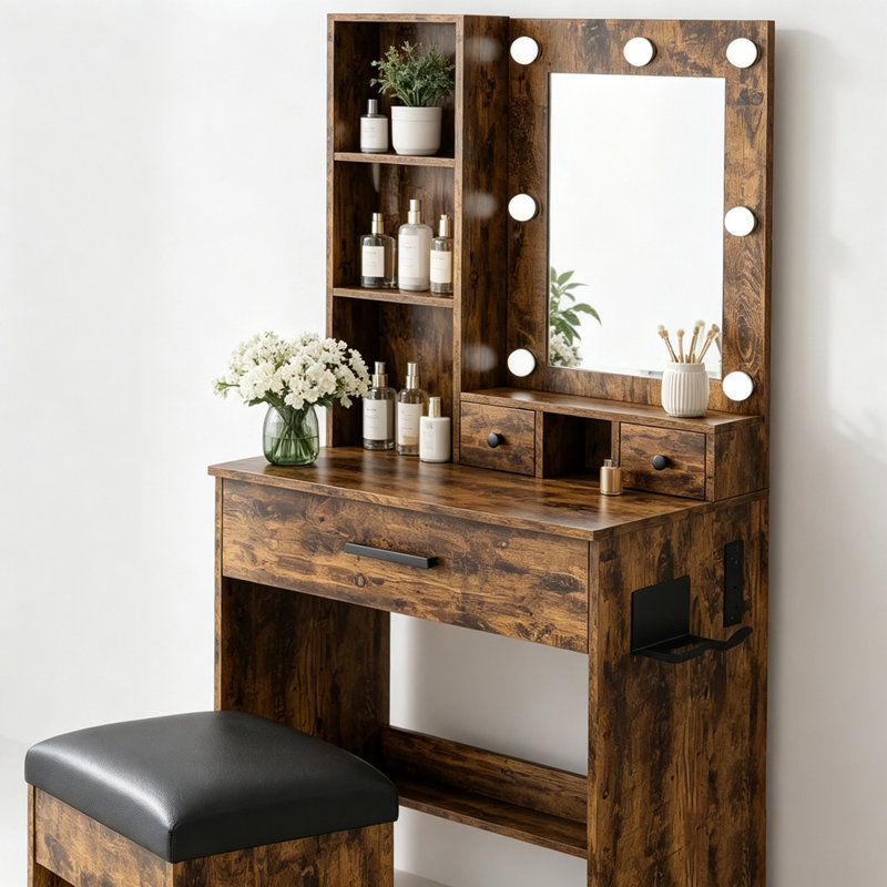 Coiffeuse compacte avec miroir DEL et support pour sèche-cheveux, Rétro