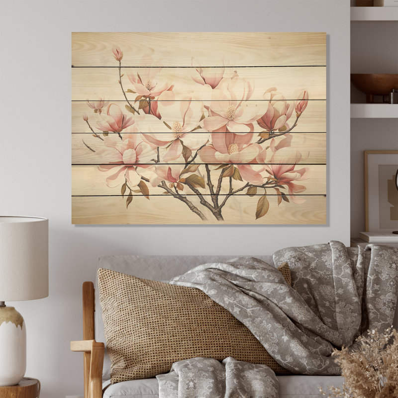 Magnolias Minimalism Dream I - Magnolias Wood Wall Art On Natural Pine Wood, 24" H x 32" W