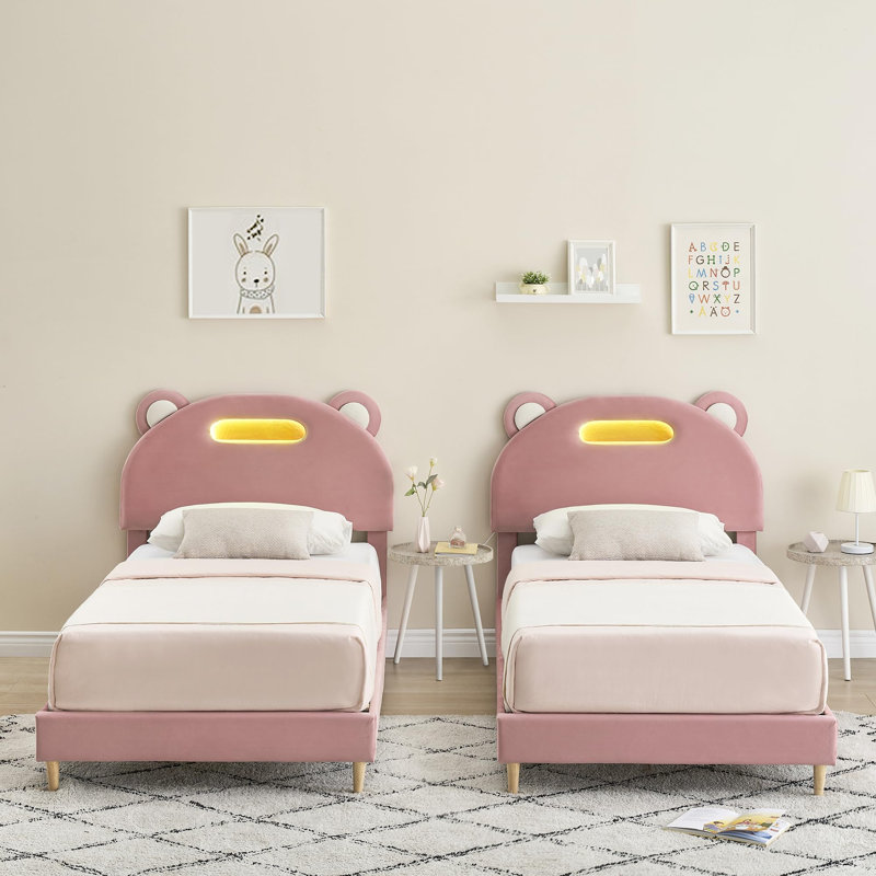 Cadre de lit simple tapissier avec lumières DEL, cadre de lit plateforme avec tête de lit, support de lattes en bois robuste, aucun sommier requis, silencieux, assemblage facile, rose clair