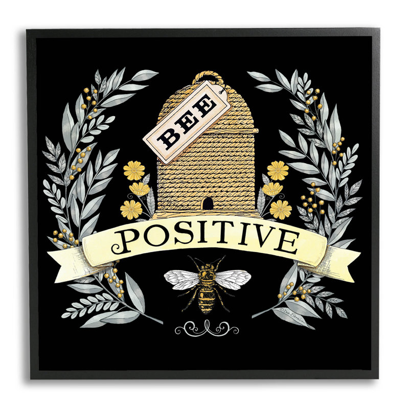«Bee positive vintage hive», estampe numérique par Deb Strain, H 12 po x l 12 po x P 1,5 po, Giclée encadrée noir minuit