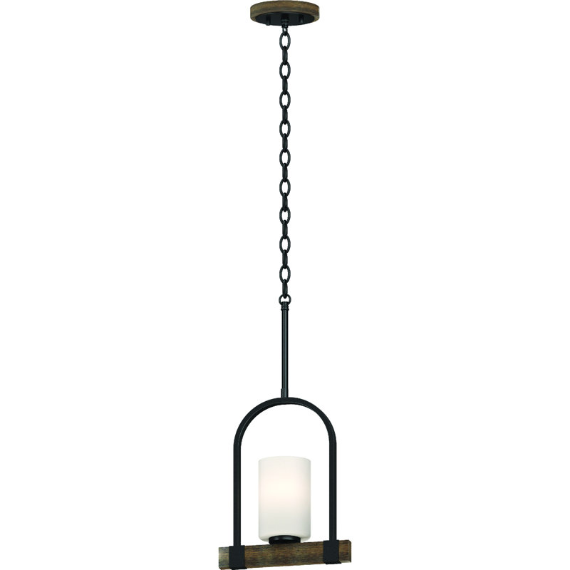 Mini-luminaire suspendu 1 lumière en noyer avec abat-jour cylindrique en verre gravé blanc Licette