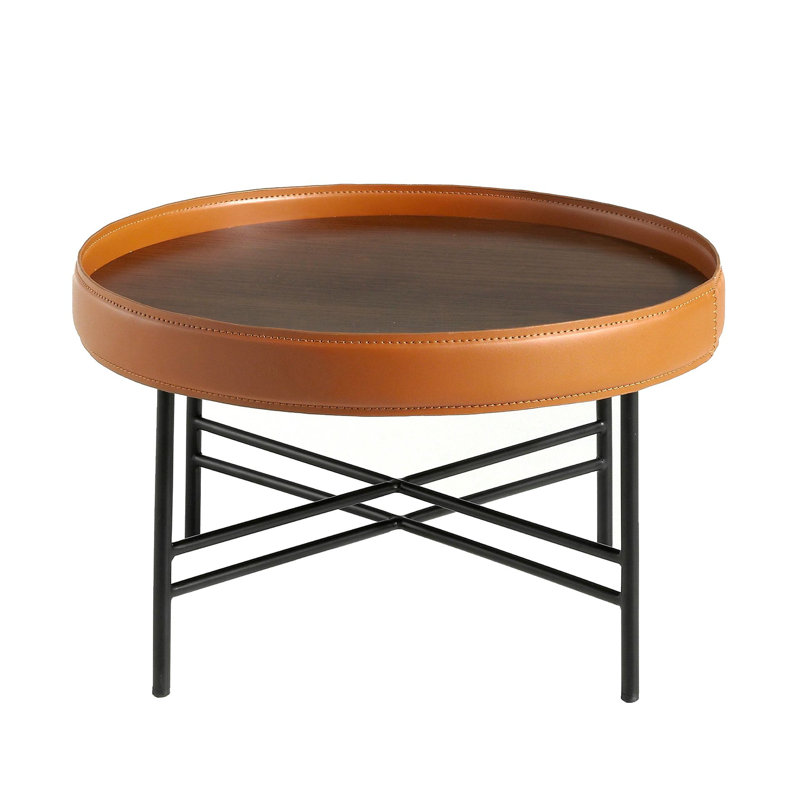 Round coffee table in walnut and black steel