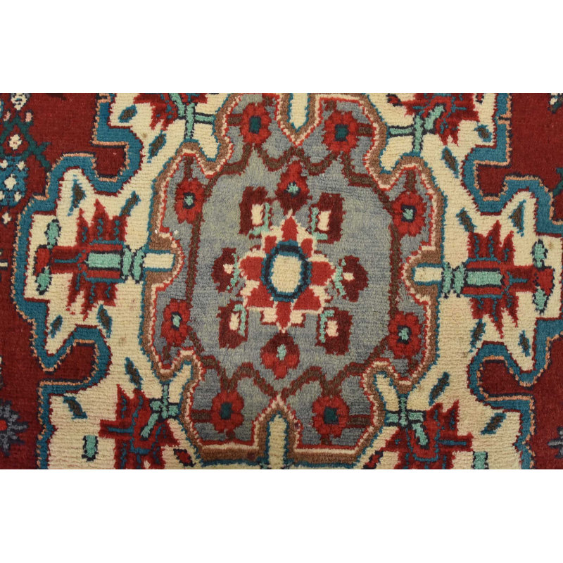 Tapis rouge rétro en laine noué à la main 3 pi 11 po x 11 pi Tribal