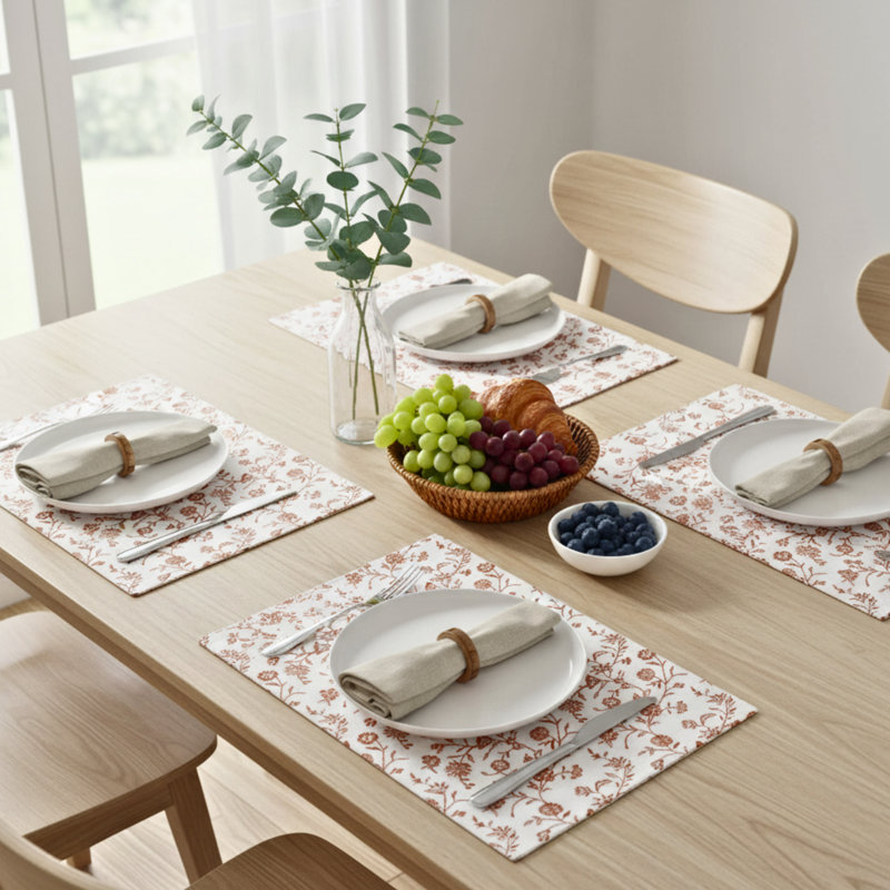 Ensemble de 4 napperons à motif floral avec motif de fleurs botaniques (ensemble de 4), Blanc, crème