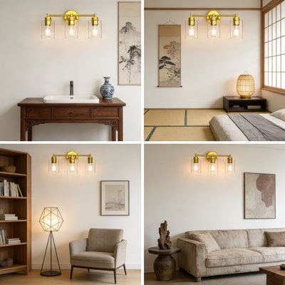 Modern 3-Light Vanity Light Fixture With Clear Glass Shades, Brushed Gold Wall Sconce For Bathroom Mirror, Kitchen, And Living Room, E26 Base (Bulbs Not Included)