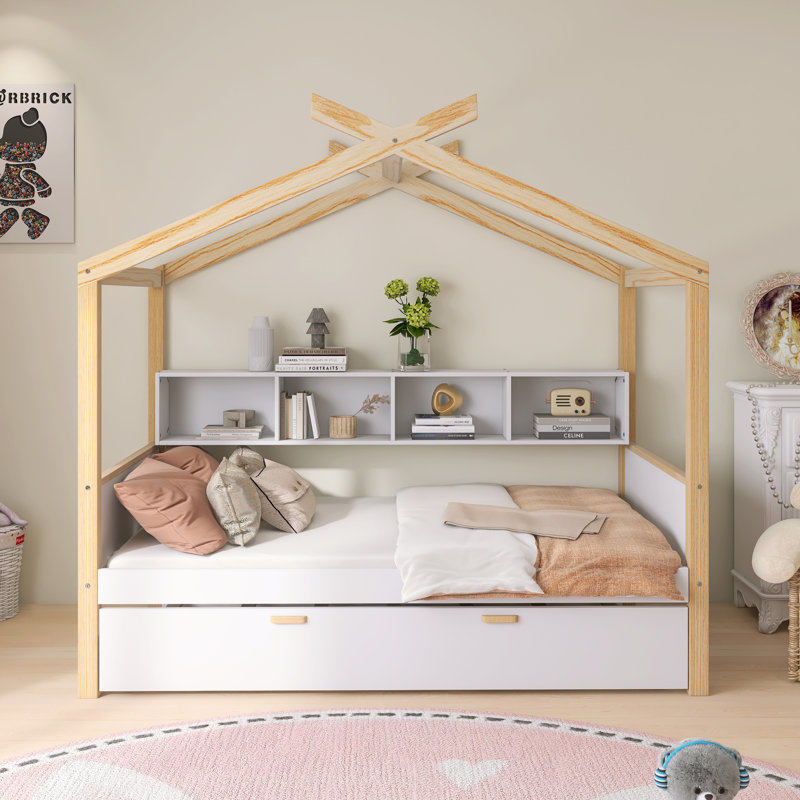 Cadre de lit en bois original en bois avec lit gigogne simple et bibliothèque pour enfants ou chambre d'amis