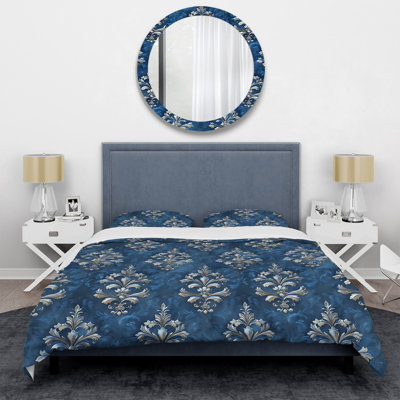 Ensemble de housse de couette bleu et argenté à motif damassé glamour I - Glam