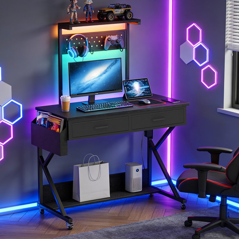 Table de bureau à roulettes 39,4 "pour bureau d'ordinateur de style industriel avec multiprise et lumières DEL, Noir