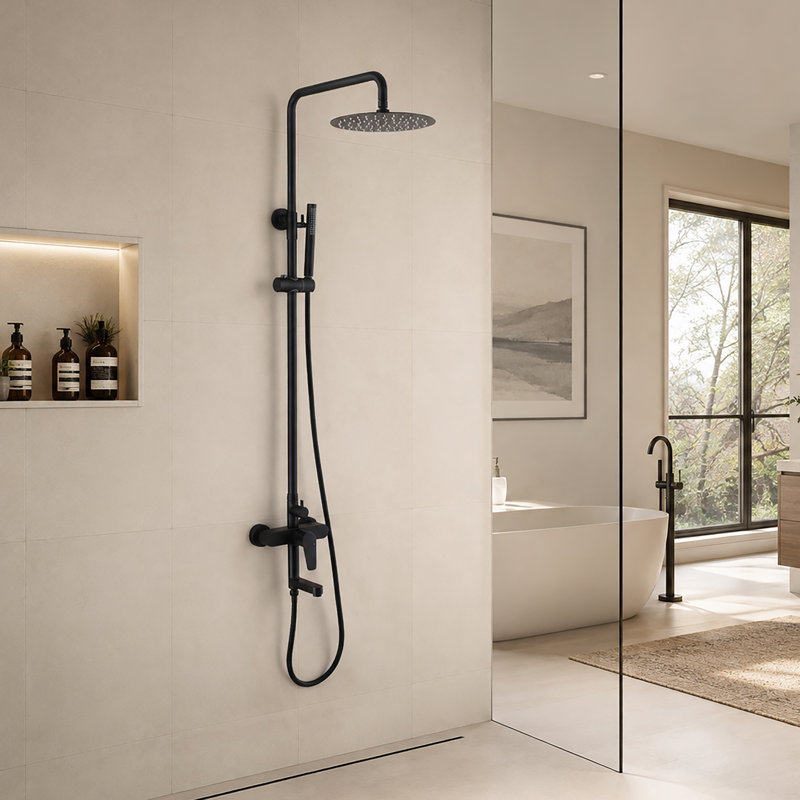 Wall Mount Rainfall Shower System With Handheld Spray, Matte Black