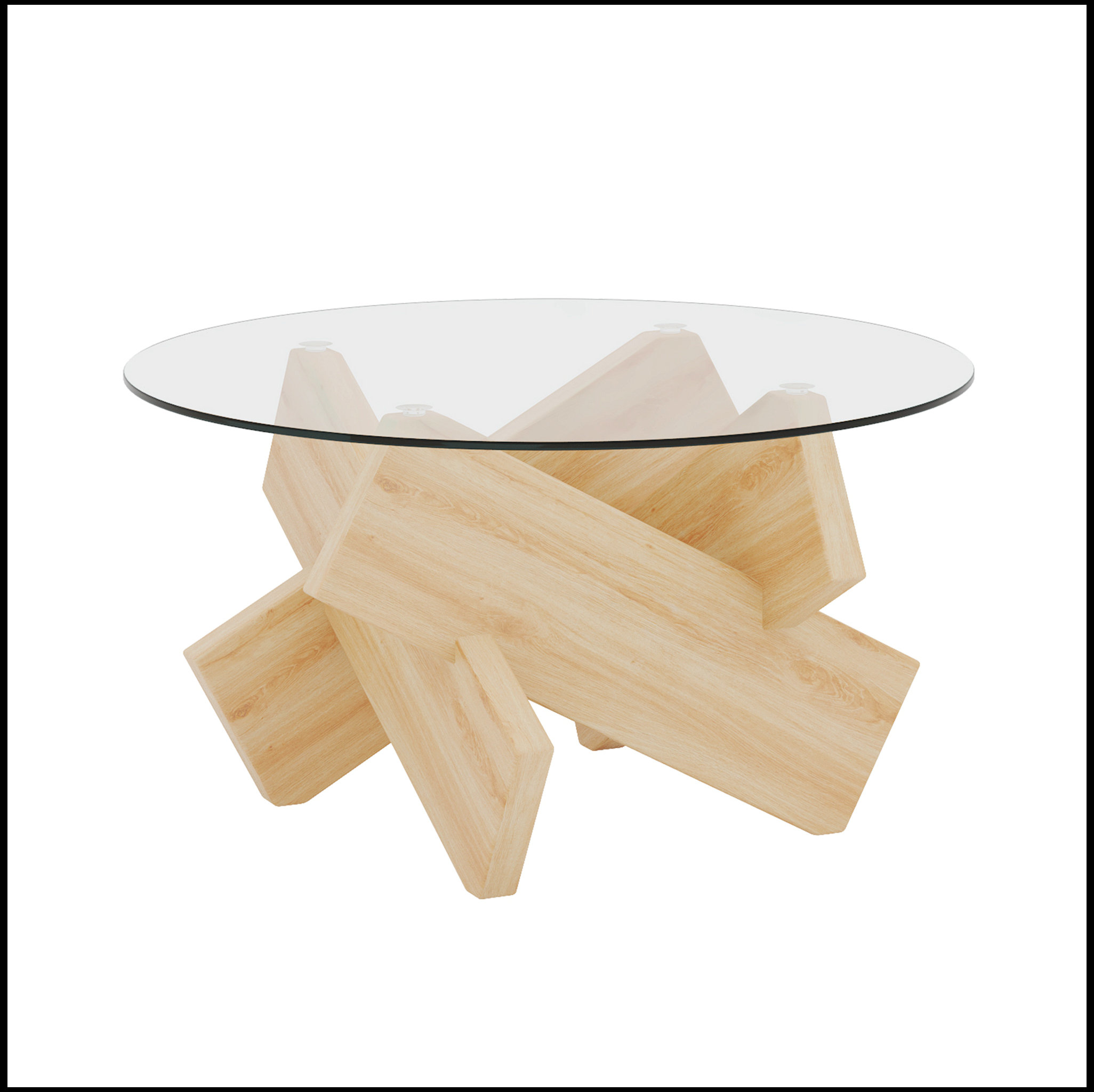 Circular glass coffee table, 33.4-inch modern and distinctive design tea table. Tempered glass countertop, wood colored MDF table legs. Suitable for living rooms and farmhouses