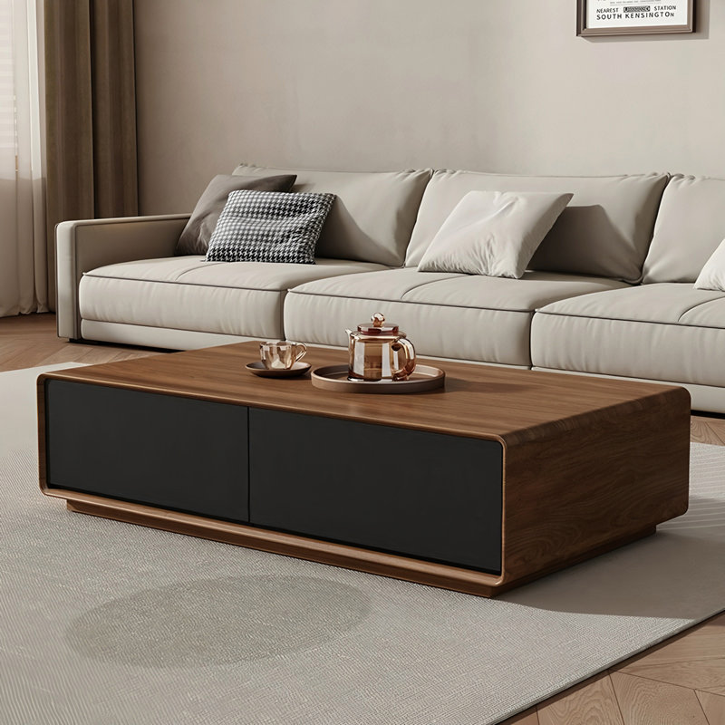 51" Modern Solid Wood Coffee Table with 4 Large Storage Drawers, Rounded Edge Rectangular Center Table For Living Room