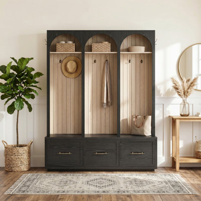 Farmhouse Wooden Style Black Hall Tree with Arched Frame, Padded Bench, Drawers and 8 Metal Hooks, Multi-use Storage Organizer for Mudroom and Living Room