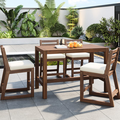 Bar de patio rustique 5 pièces avec table en bois massif et chaises ergonomiques, imperméable, idéal pour 4 personnes à l'extérieur et peu fréquenté
