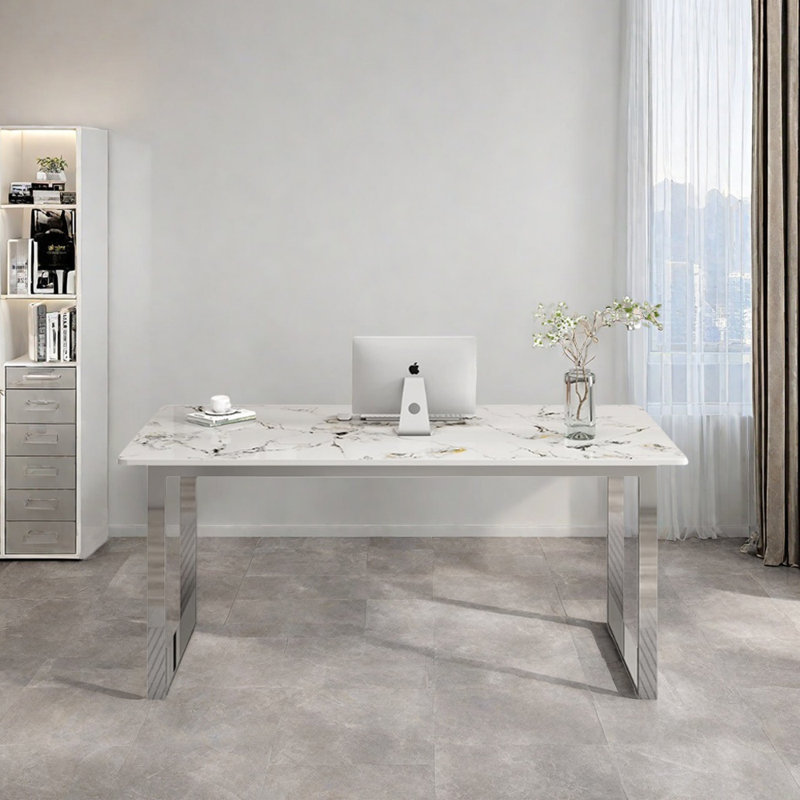 Bureau en acier inoxydable Minimalist, H 29,52 po x l 70,86 po x P 31,49 po, Blanc / Gris
