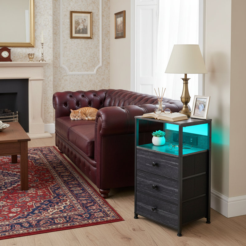 39cm W LED Bedside Table with 3 Drawers, AC Outlets and USB Ports, Dark Gray