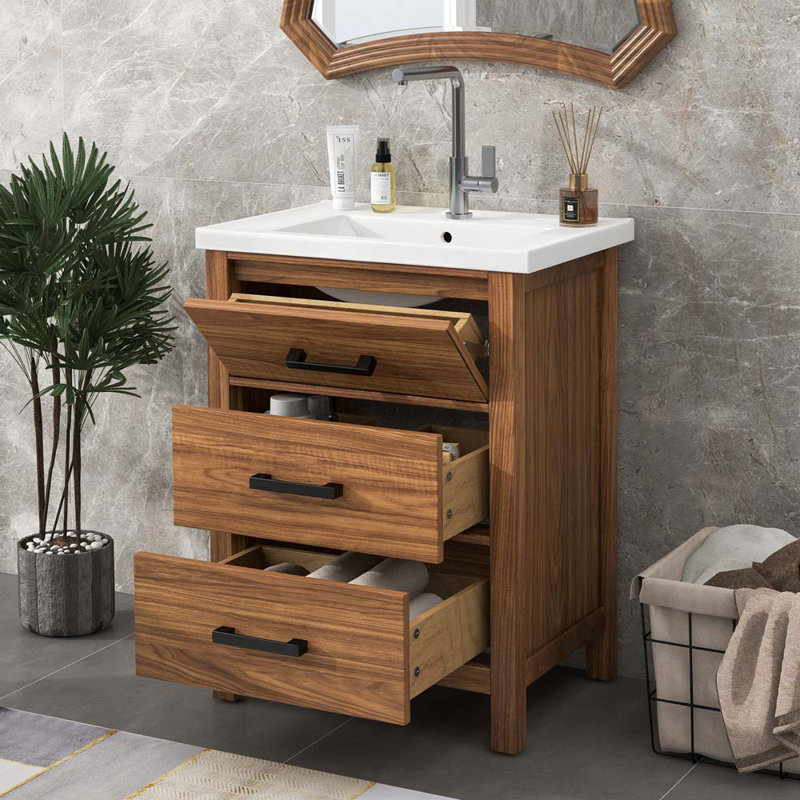 Meuble-lavabo simple 24,4 po avec lavabo en bois naturel