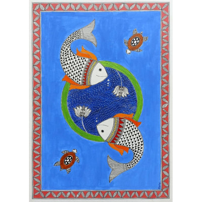 Fishes And Turtle With Lotus | Acrylic On Paper | By Abhilasha Raut