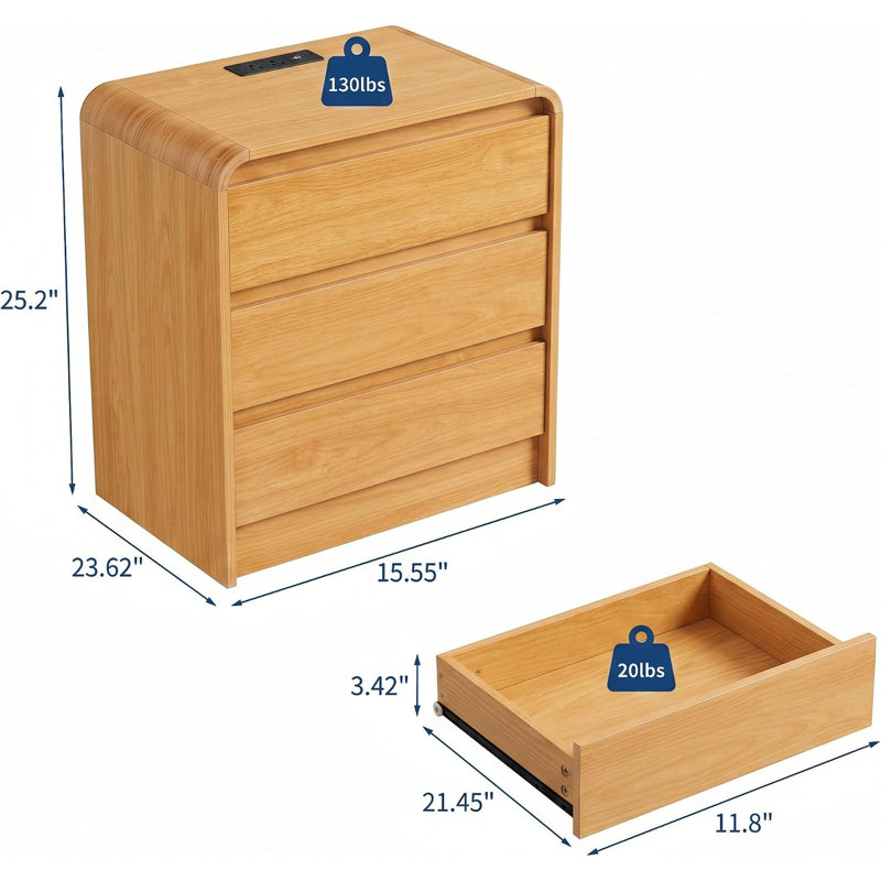 Table de chevet moderne incurvée à 3 tiroirs avec tablette ouverte et système de gestion des câbles – Table de chevet en bois à bords arrondis pour chambre à coucher, finition chêne (emballage individuel)