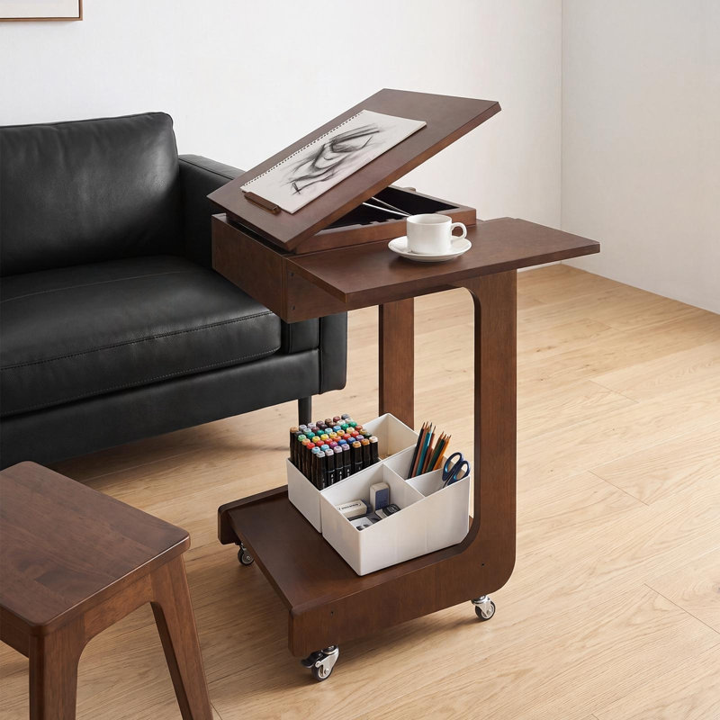 Solid Wood C-Shaped End Table with Adjustable Desktop