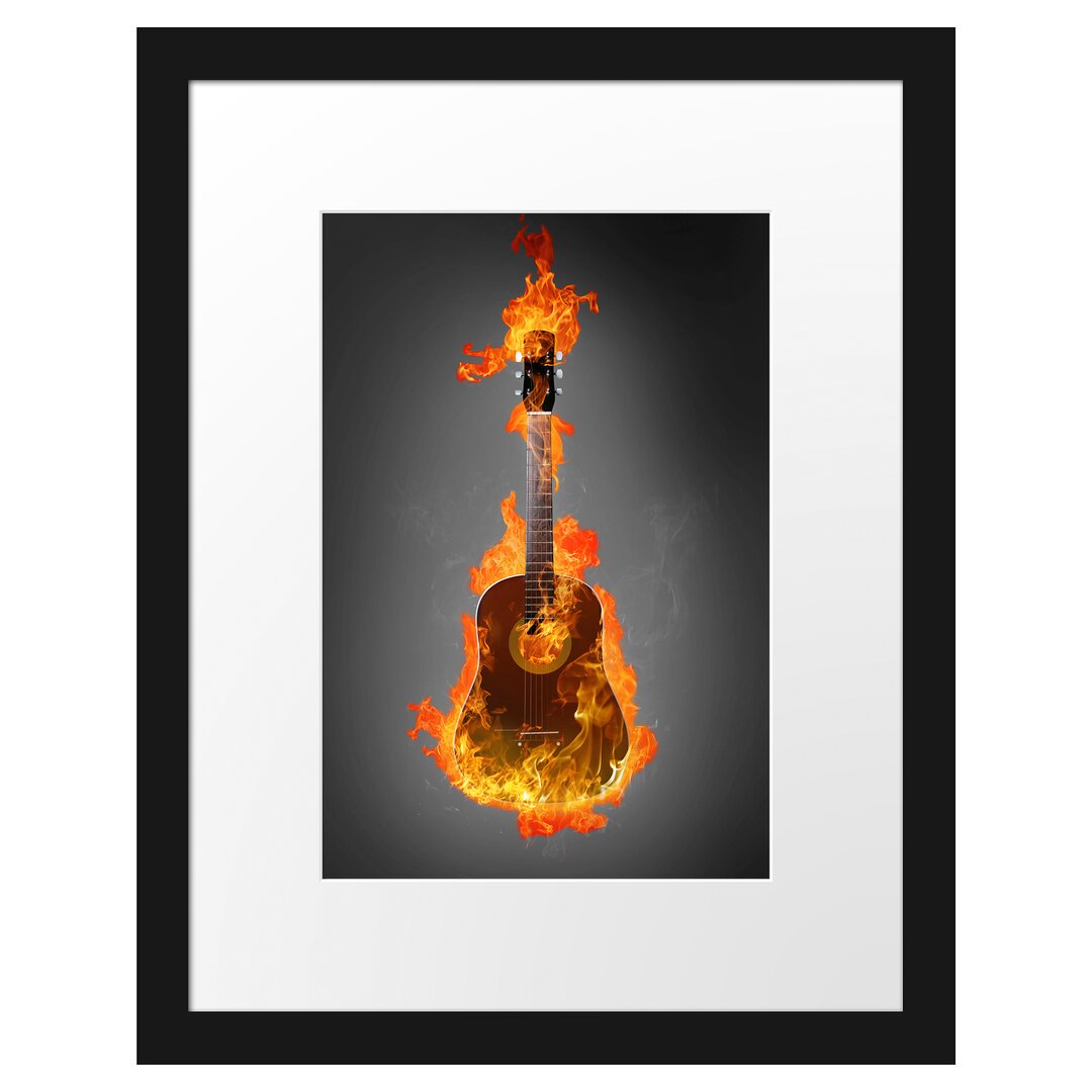 Gerahmtes Poster Brennende Gitarre Heiße Flammen