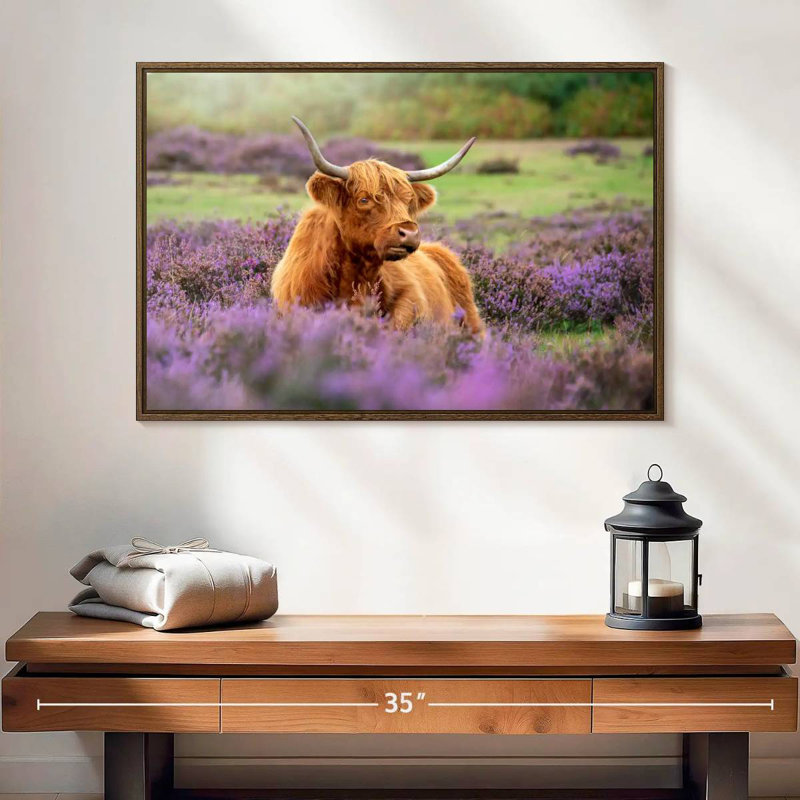 Highland Cow Paradise, 25 po x 17 po, Cadre flottant en noyer