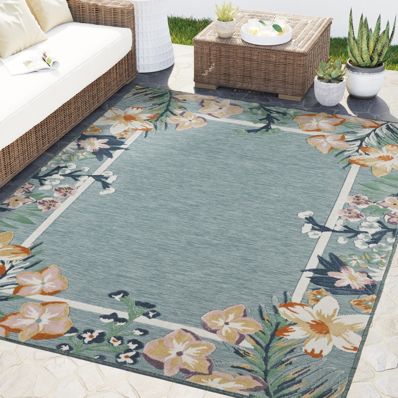 Abani Rugs Liburna Teal Garden Floral Border Indoor/Outdoor Area Rug, 6' x 9'