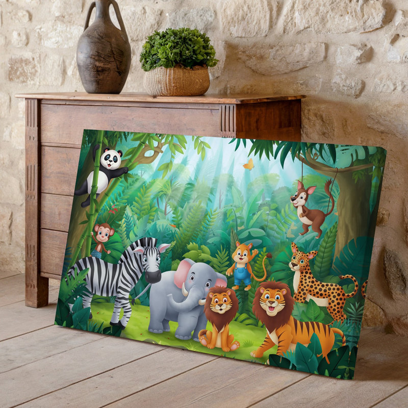 Toile, création d'une scène de jungle animée de style dessin animé mettant en vedette un art mural ludique, H 9 po x l 12 po