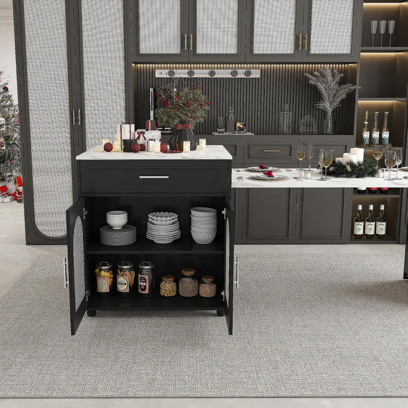 80-Inch Expandable Kitchen Island With Dining Table, Marble-Grain Countertop With Power Outlet, Mobile Storage Cart With Cabinet & 2 Drawers, Kitchen Prep Table (Black)