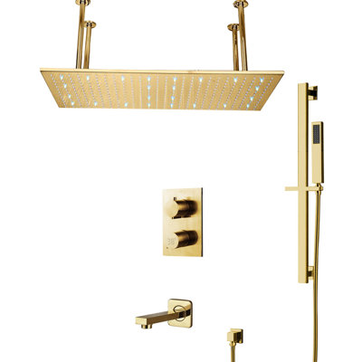Système de douche à pluie à fixation au plafond en or brossé numérique à DEL 20 po x 40 po BathSelect Carpi avec douchette et bec de baignoire