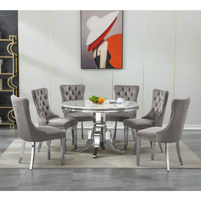 44.88" Round Dining Table Set for , Kitchen Table with Faux Marble Top, Dining Room Table & Velvet Chairs with Stainless Steel Pedestal, Piece Dining Table Set