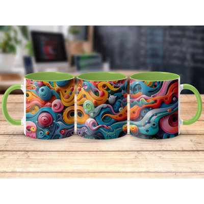 Set of 3 3D Design 11oz Accent Mugs – Ceramic Coffee Cups with a Light Green Handle and Interior