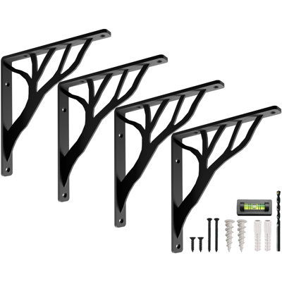 Rustic Tree Shelf L Brackets by Balin Designs (Black) for 6"-8” Shelves - Heavy-Duty Decorative Metal Mantel Bracket Supports - Easy Installation with Included Hardware - Set of 4