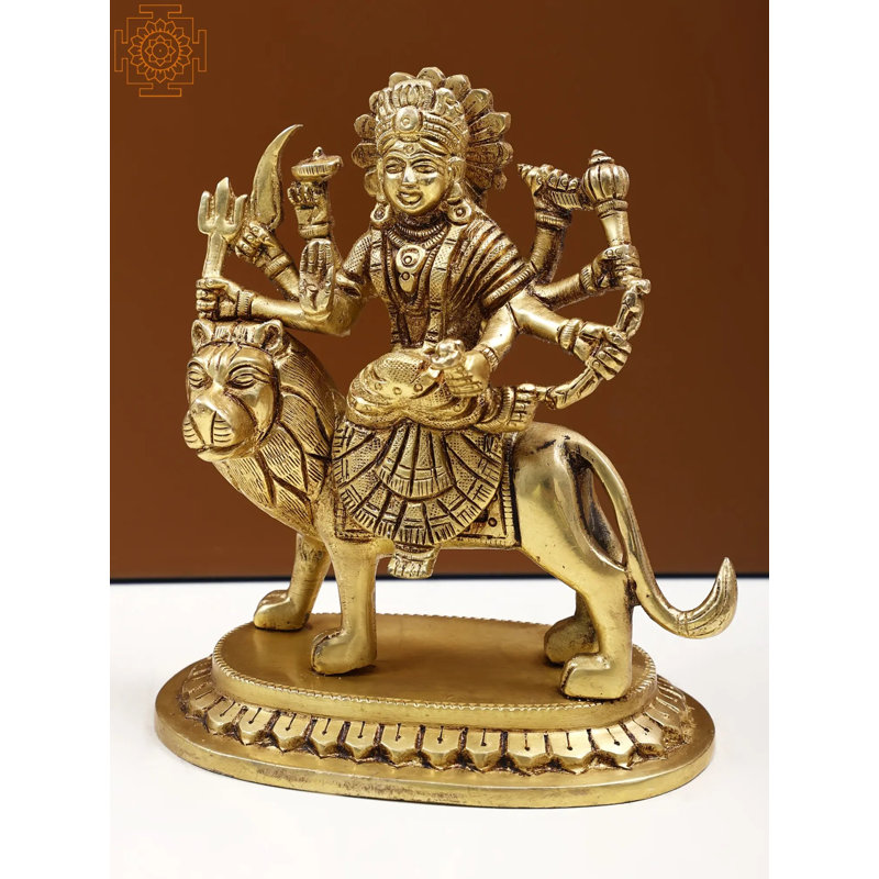 5" Small Brass Eight-Armed Goddess Durga Statue – Handcrafted Ashtabhuja Deity on Lion for Protection and Home Altar Decor