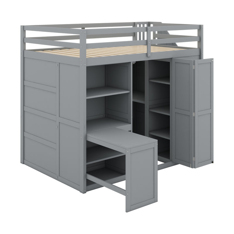 Lit mezzanine avec garde-robe, bureau et tablettes, gris