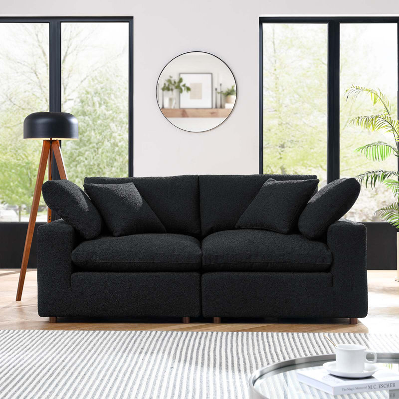 Commix Down Filled Overstuffed Boucle Fabric Loveseat In Black, Black Boucle