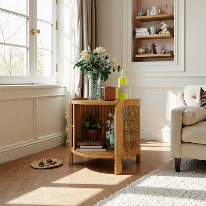 Modern Round Rotating Coffee Table With Rattan Accents & Hidden Storage