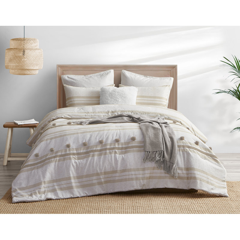 Full Gray Cotton Reversible Comforter Set with Pom Pom Stripes