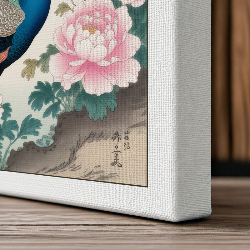 Peacock Among Roses Japandi - Wrapped Canvas, 24x16 - 61.0 x 40.6 cm, White Border