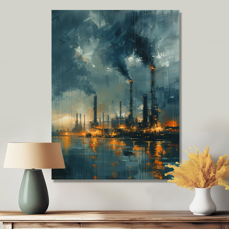 Bleu, bleu, usines, paysage industriel I - usines, décoration murale, Toile tendue, H 32 po x l 16 po x P 1 po