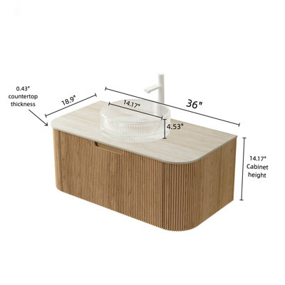 Meuble-lavabo 36 po, meuble-lavabo flottant rayé à bord arrondi avec tiroir, lavabo rond en céramique et plateau en pierre frittée à motif de travertin, pré-assemblé